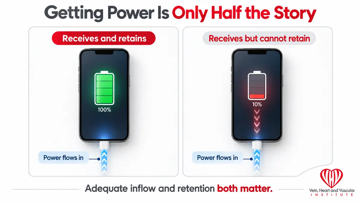 Two phones receive power; one retains a full charge while the other remains low, illustrating that adequate inflow and retention both matter.